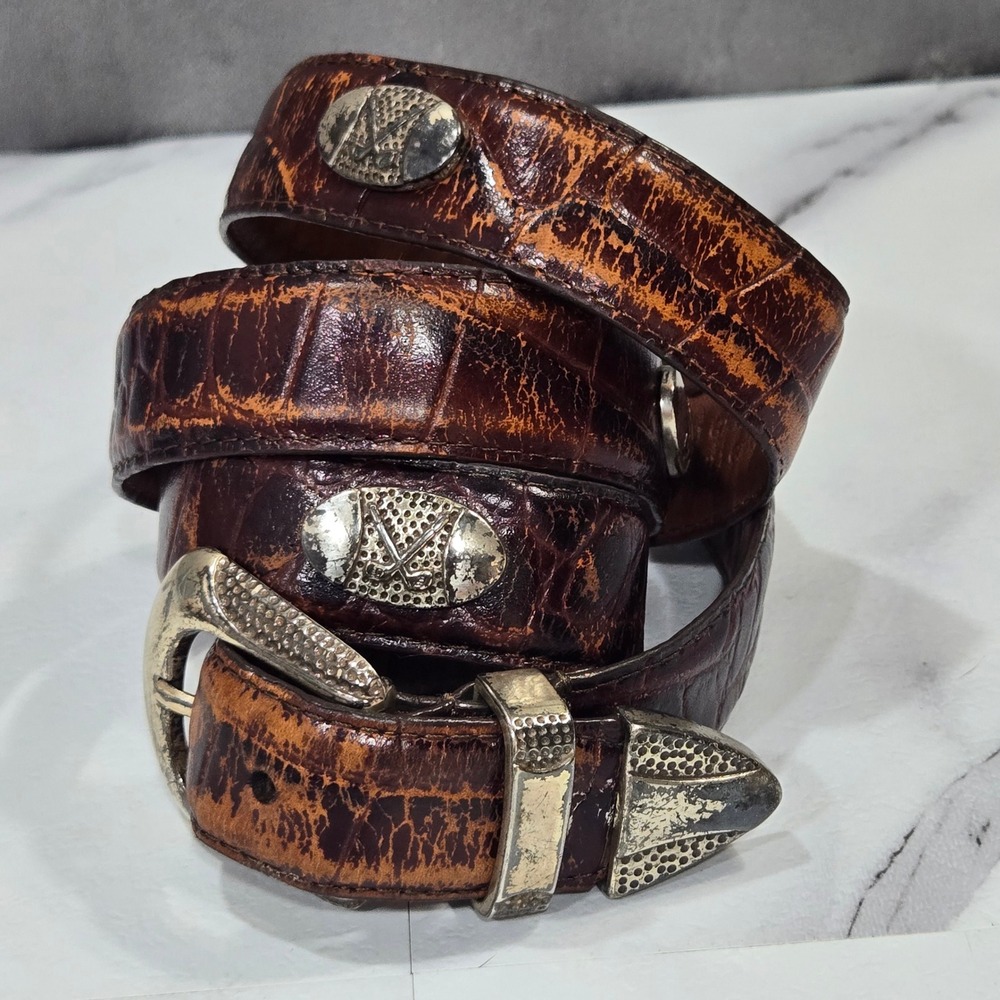 Croco Embossed Leather Golf Belt Mens 42 Brown Silver Concho Golfing Strap